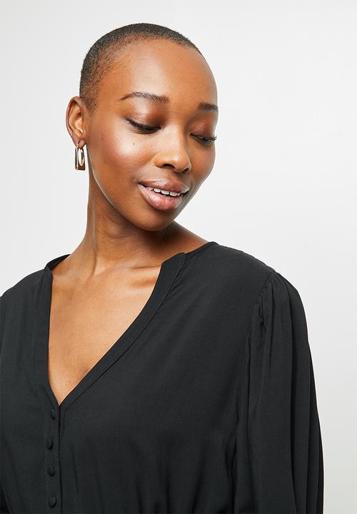 edit - Mandarin collar drawcord a-line midi - black