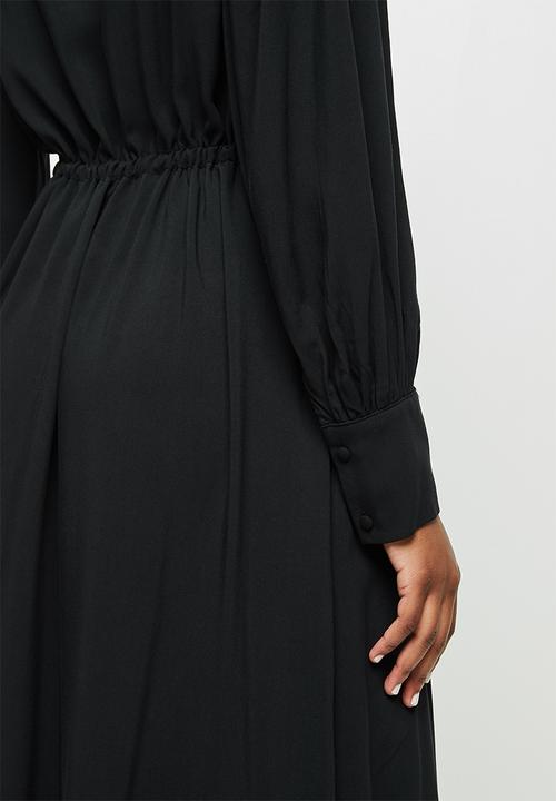 edit - Mandarin collar drawcord a-line midi - black