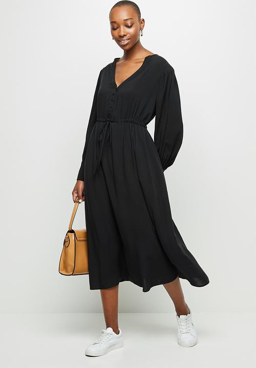 edit - Mandarin collar drawcord a-line midi - black