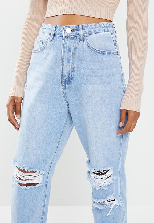 Missguided - Petite knee rip riot mom jean - blue
