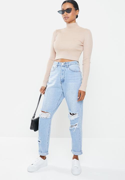 Missguided - Petite knee rip riot mom jean - blue