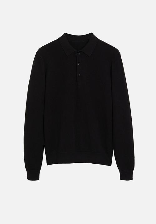 MANGO - Knitted woolen polo shirt- black