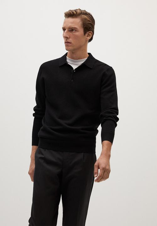 MANGO - Knitted woolen polo shirt- black
