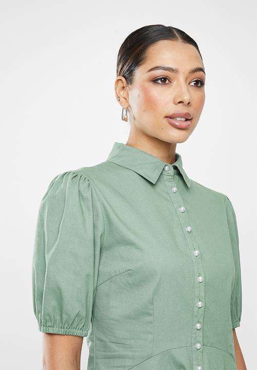 Missguided - Cotton pearl skater shirt dress short sleeve - sage