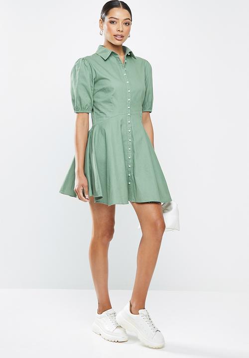 Missguided - Cotton pearl skater shirt dress short sleeve - sage