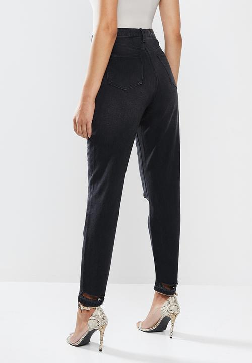 Missguided - Distress thigh mom jean - black