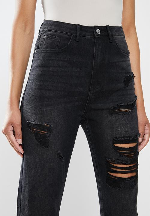 Missguided - Distress thigh mom jean - black