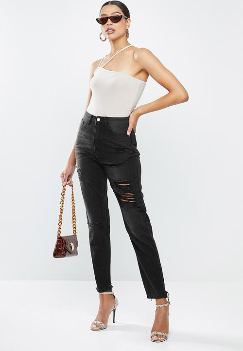 Missguided - Distress thigh mom jean - black