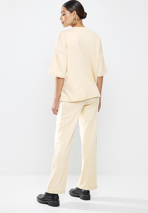 Missguided - Rib T-shirt wide leg co ord set - stone