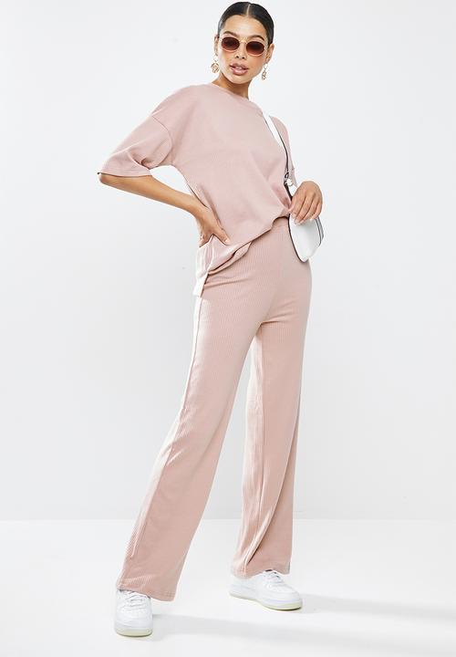 Missguided - Rib T-shirt wide leg co ord set - mauve