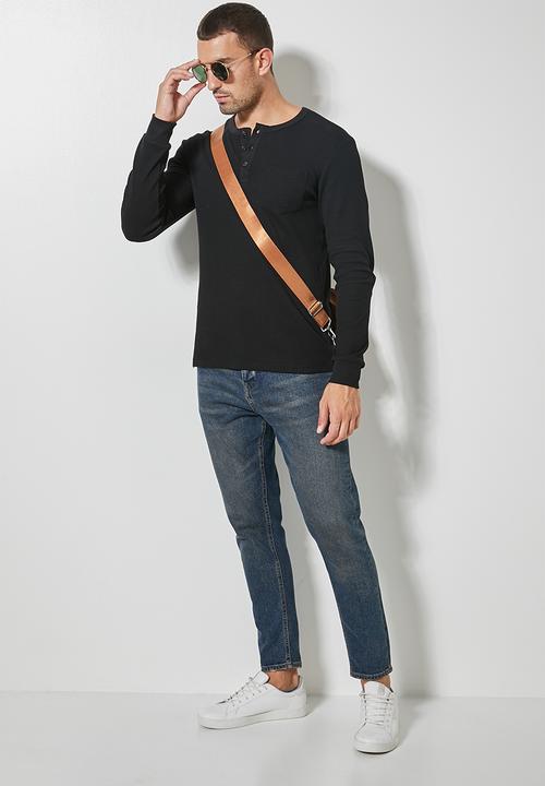 Superbalist - 2 Pack texas long sleeve textured henley tee - black