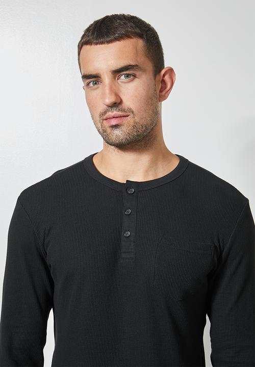 Superbalist - 2 Pack texas long sleeve textured henley tee - black