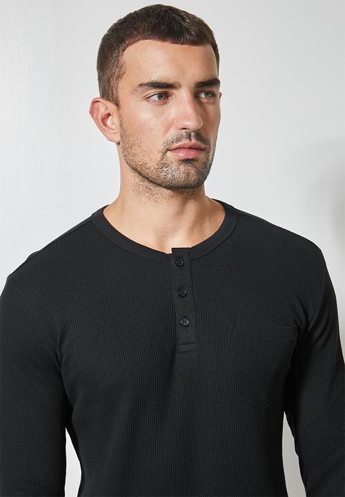 Superbalist - 2 Pack texas long sleeve textured henley tee - white & black