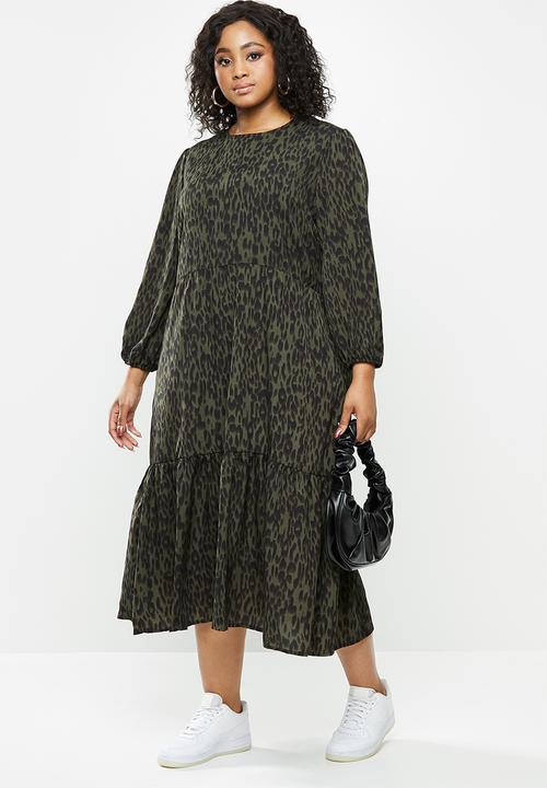 Missguided - Plus size leopard midaxi smoc - green & black 