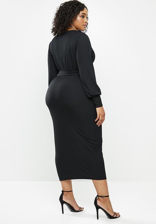 Missguided - Plus rib square neck self belt midaxi dress- black
