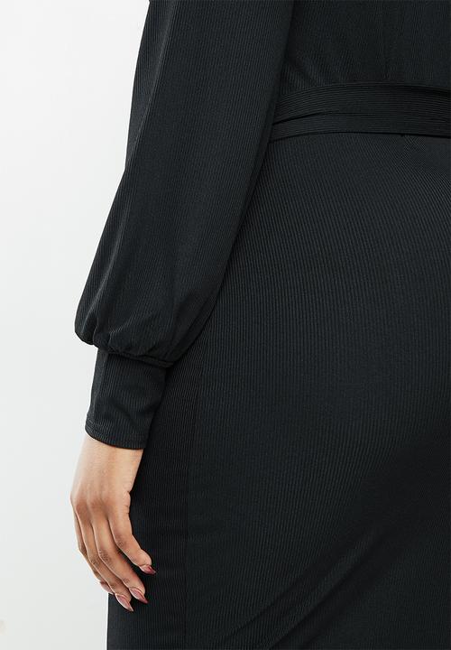 Missguided - Plus rib square neck self belt midaxi dress- black