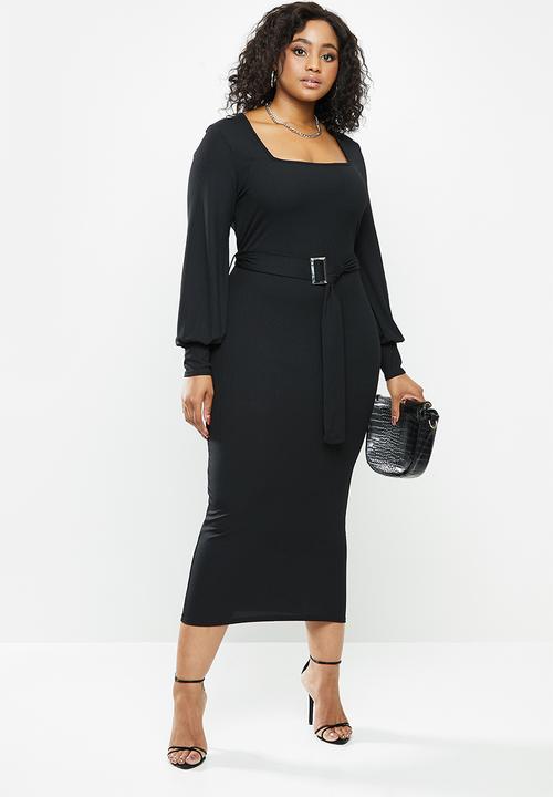 Missguided - Plus rib square neck self belt midaxi dress- black