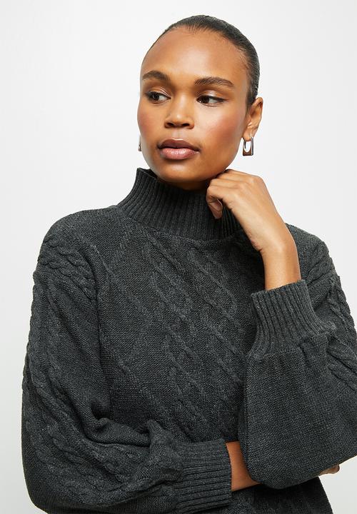 edit - Cable stitch balloon sleeve tunic - charcoal 