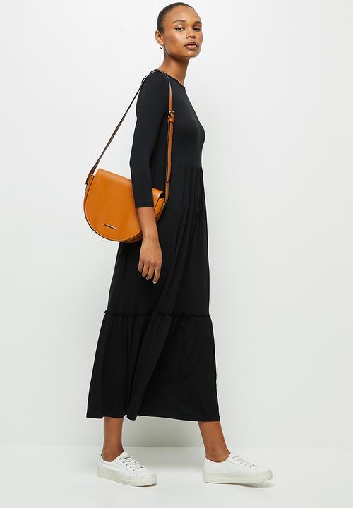 edit - Round neck tiered frill midi - black