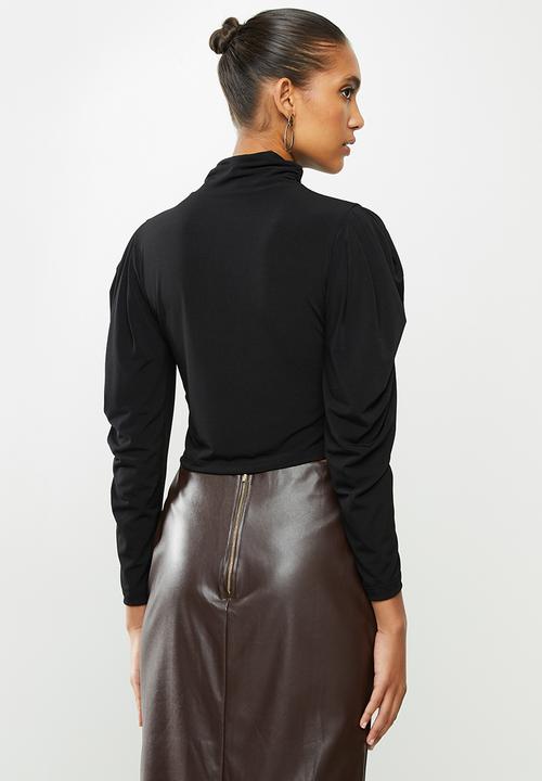 VELVET - Knit turtle drape shoulder crop top - black