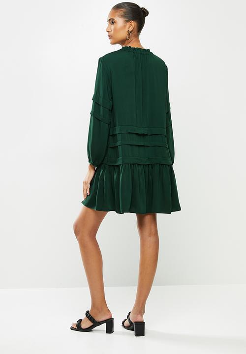 VELVET - Voluminous dropped waist mini dress with balloon sleeve - green 