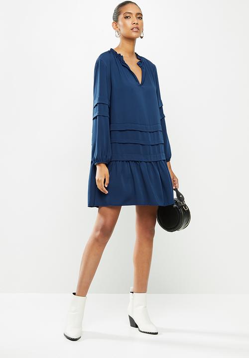 VELVET - Voluminous dropped waist mini dress with balloon sleeve - blue 