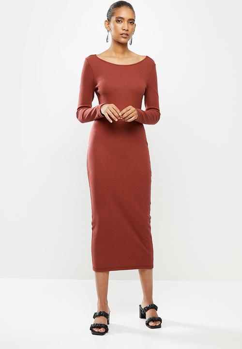 VELVET - Twist back column rib knit mini dress - brick