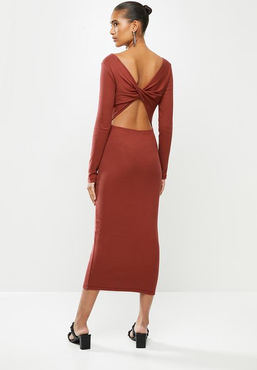 VELVET - Twist back column rib knit mini dress - brick