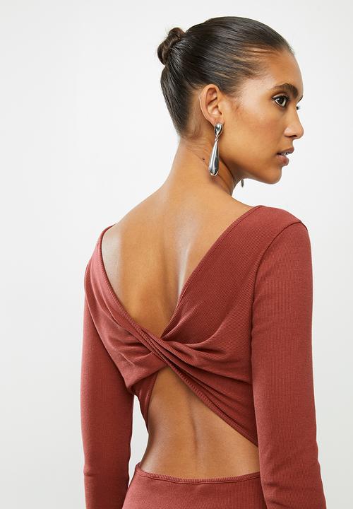 VELVET - Twist back column rib knit mini dress - brick