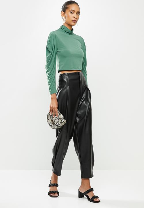 VELVET - Pu tapered pant with styled band - black 