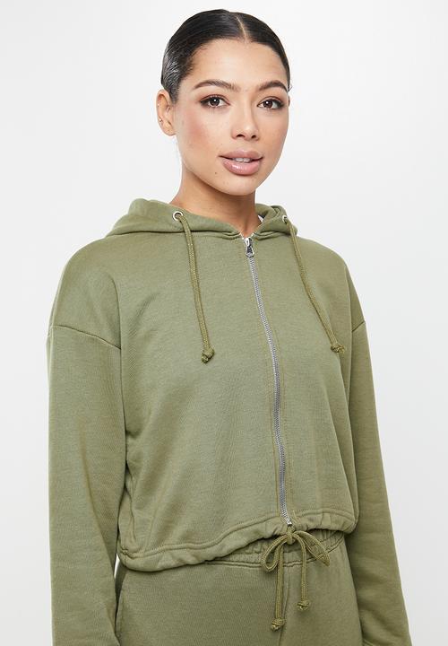 Missguided - Co ord crop zip hoodie jogger set - khaki