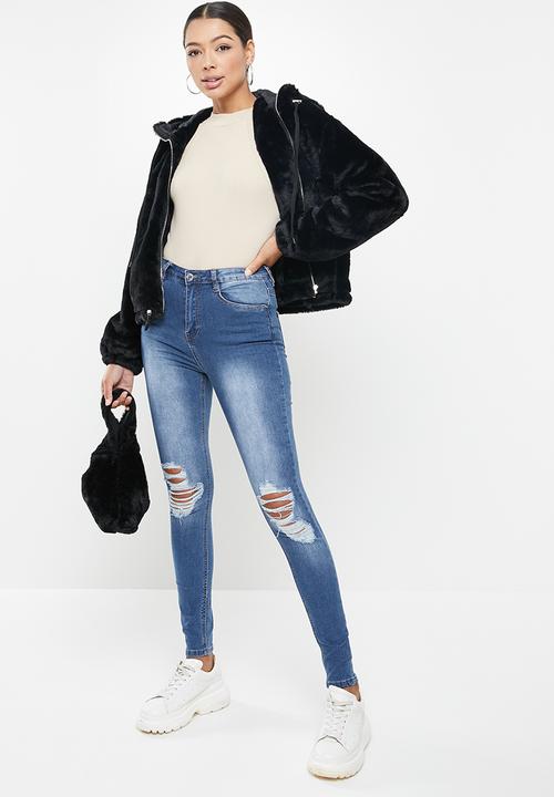 Missguided - Sinner distress knee cut high waist jean - blue
