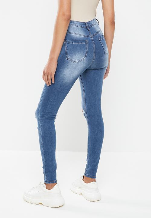 Missguided - Sinner distress knee cut high waist jean - blue
