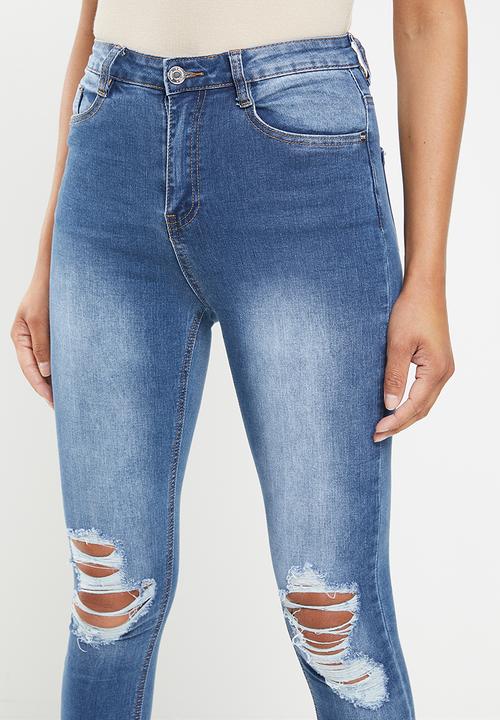 Missguided - Sinner distress knee cut high waist jean - blue