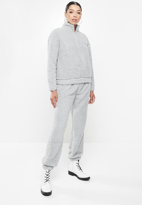 Missguided - Borg half zip hoodie joggers set - grey