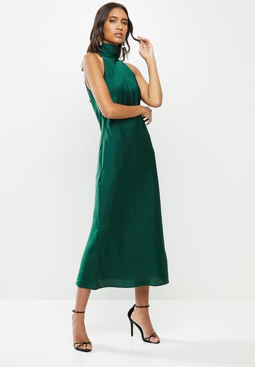 MILLA - Satin halter slip midi dress - emerald 