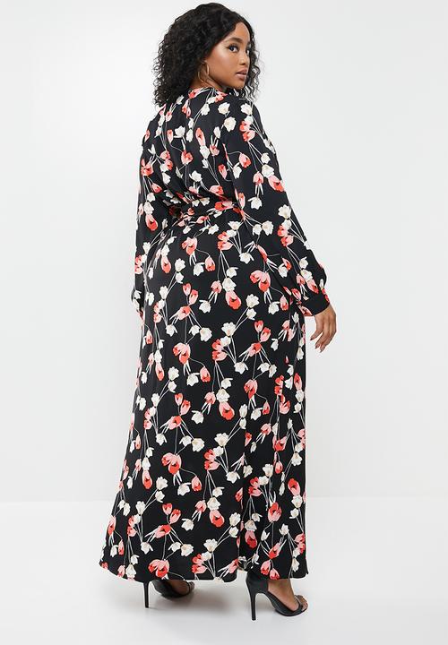 Missguided - Plus plunge maxi dress floral - red & black 