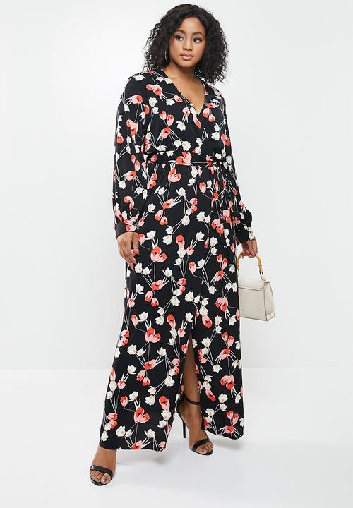 Missguided - Plus plunge maxi dress floral - red & black 