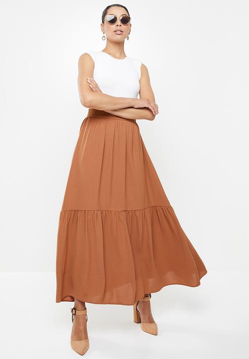 MILLA - Tiered hem maxi skirt - hazel brown