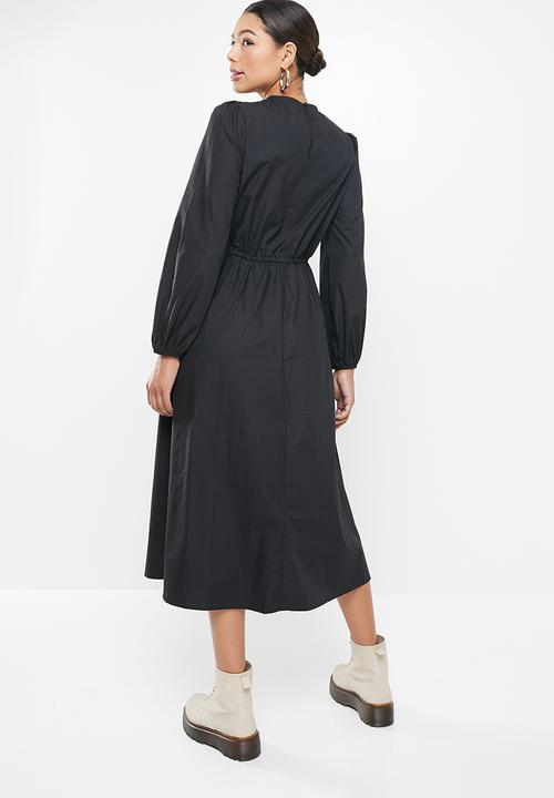 Missguided - Tie waist midi smock dress long sleeve poplin - black