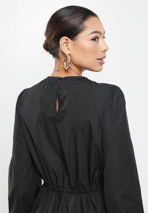 Missguided - Tie waist midi smock dress long sleeve poplin - black