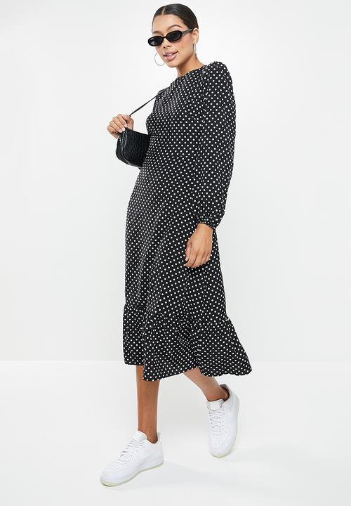 Missguided - Ruffle hem midi smock dress long sleeve polka - black & white