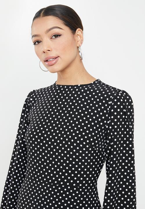 Missguided - Ruffle hem midi smock dress long sleeve polka - black & white