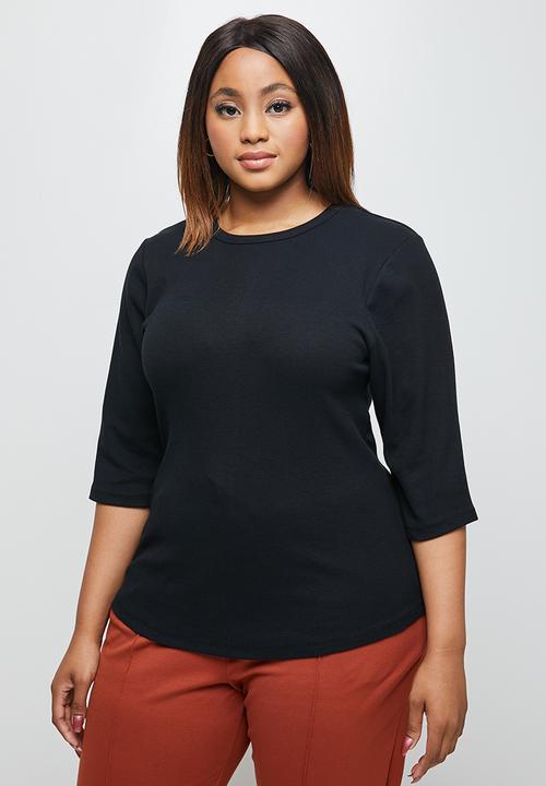 edit Plus - Ribbed crew 3/4 sleeve tee - black