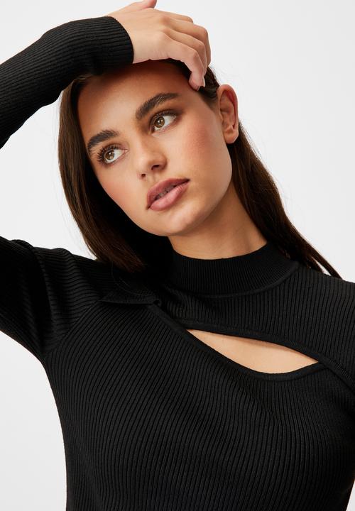 Factorie - Cut out funnel neck knit top - black
