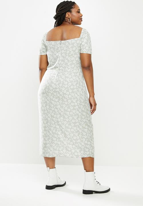 Blake - Puff sleeve midi dress with slit - sage