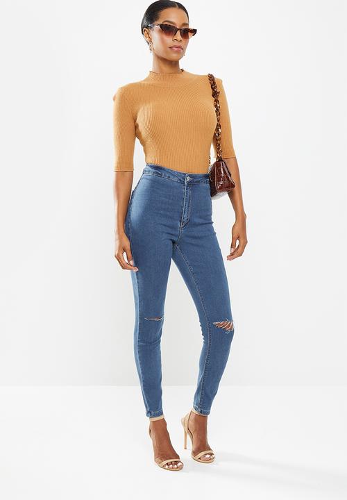 Missguided - Petite vice highwaisted slash knee skinny - blue