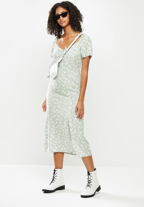 Blake - Puff sleeve midi dress with slit - sage & white 