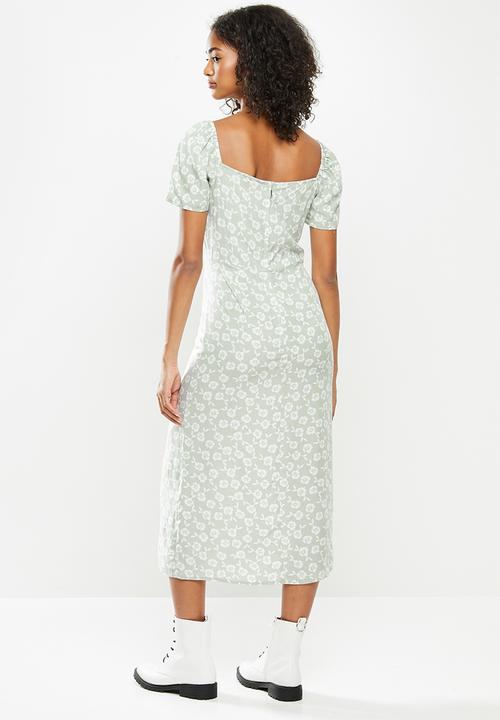 Blake - Puff sleeve midi dress with slit - sage & white 