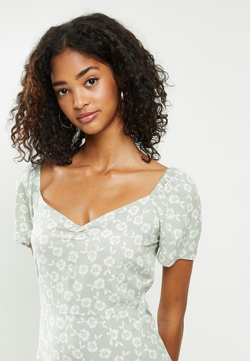 Blake - Puff sleeve midi dress with slit - sage & white 